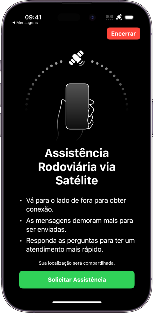 A tela de Assistência Rodoviária via satélite. O botão Solicitar Assistência está na parte inferior da tela.