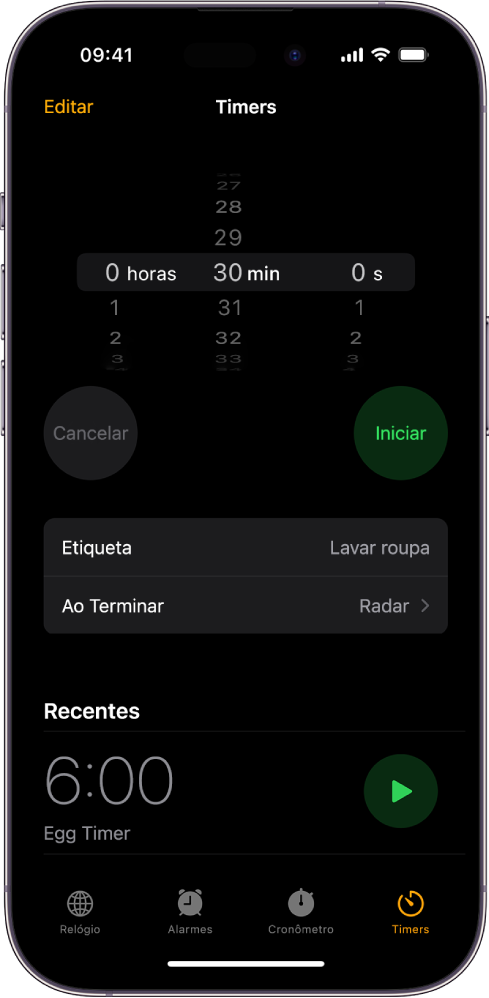 Uma tela para adicionar um timer, com ajustes para definir um timer e um botão para iniciar um timer criado recentemente.