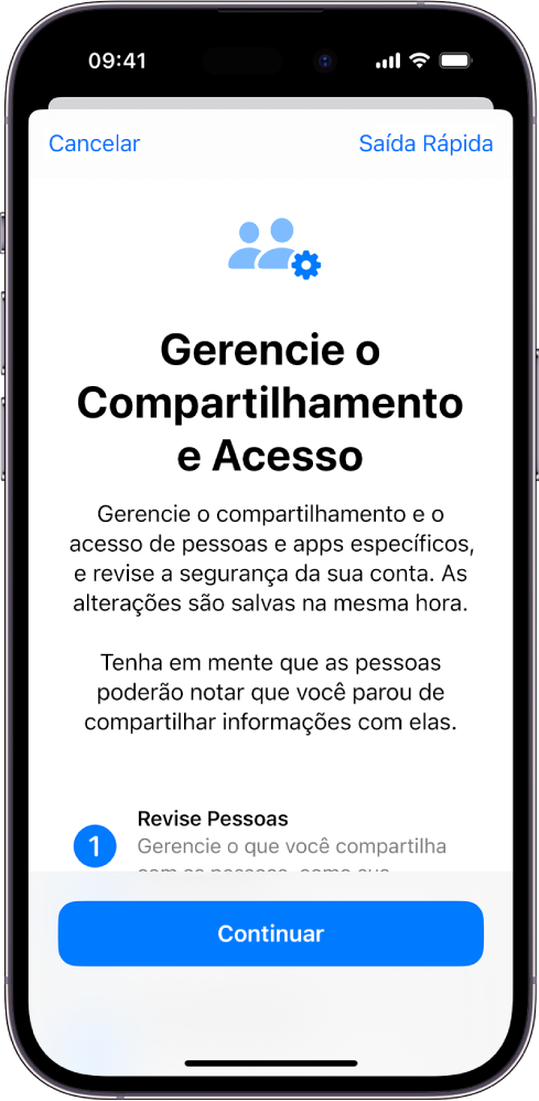 A tela Gerenciar Compartilhamento e Acesso com informações sobre o funcionamento do recurso. O botão Continuar fica na parte inferior.