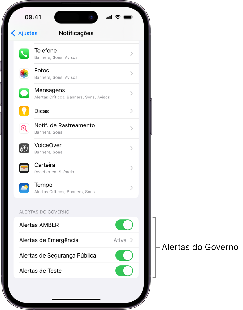 Tela de Notificações, mostrando os Alertas do Governo que você pode ativar para receber alertas do governo.