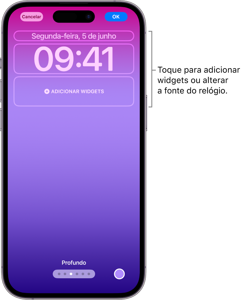 Tela Bloqueada personalizada sendo editada. Os elementos disponíveis para personalização estão selecionados: data, hora e um botão para adição de widgets.