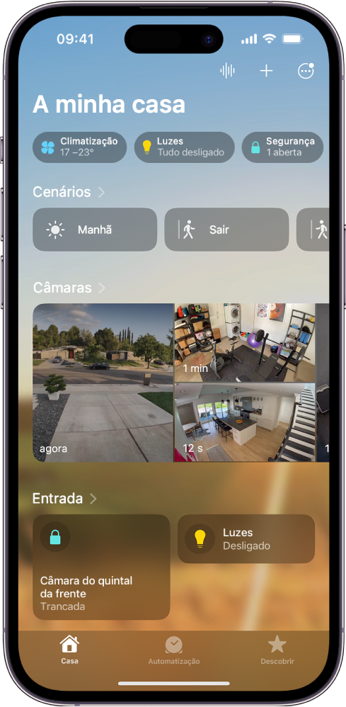 O separador Casa a mostrar, de cima para baixo, quatro categorias, dois cenários, três vistas da câmara e o estado de uma divisão. Na parte inferior estão os separadores Casa (que está selecionado), Automatização e Descobrir.