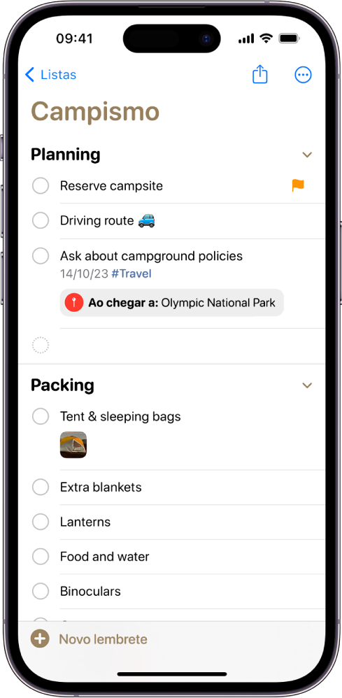 Uma lista de verificação para uma viagem de campismo na aplicação Lembretes. Alguns elementos têm etiquetas, localizações, marcadores e fotografias. O botão “Novo lembrete” está no canto inferior esquerdo.