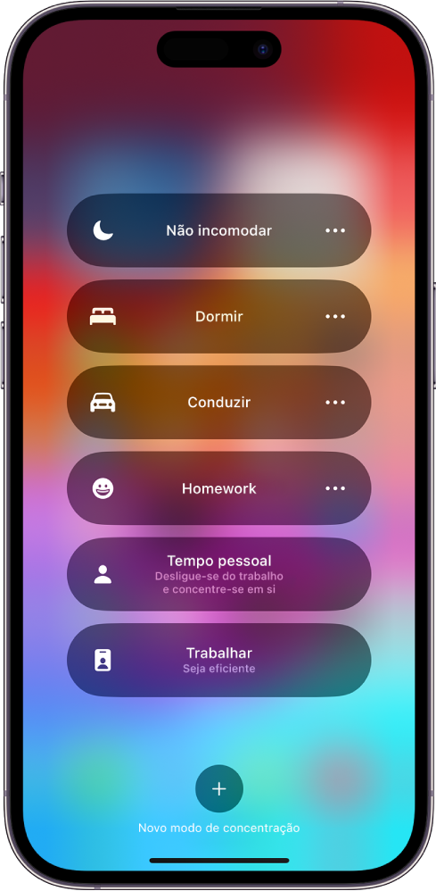 A central de controlo mostra as opções de modo de concentração, com botões para definir a duração das opções de modo de concentração.