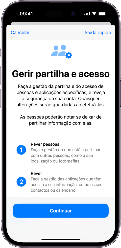 O ecrã “Gerir partilha e acesso” em “Verificação de segurança” nas Definições.