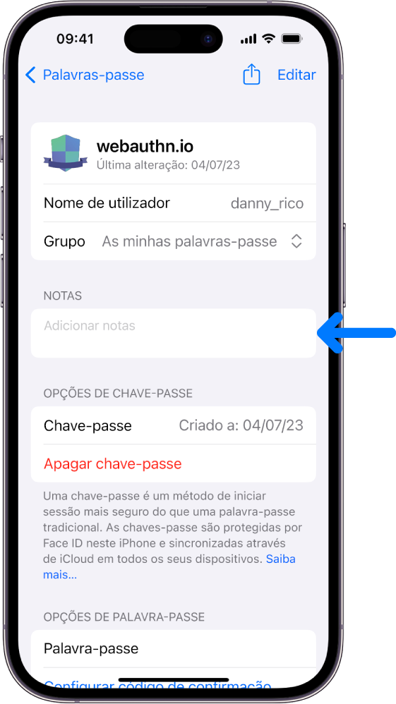 Um ecrã da chave-passe no Porta‑chaves em iCloud, com informação acerca da chave-passe e um local para adicionar e ver notas.