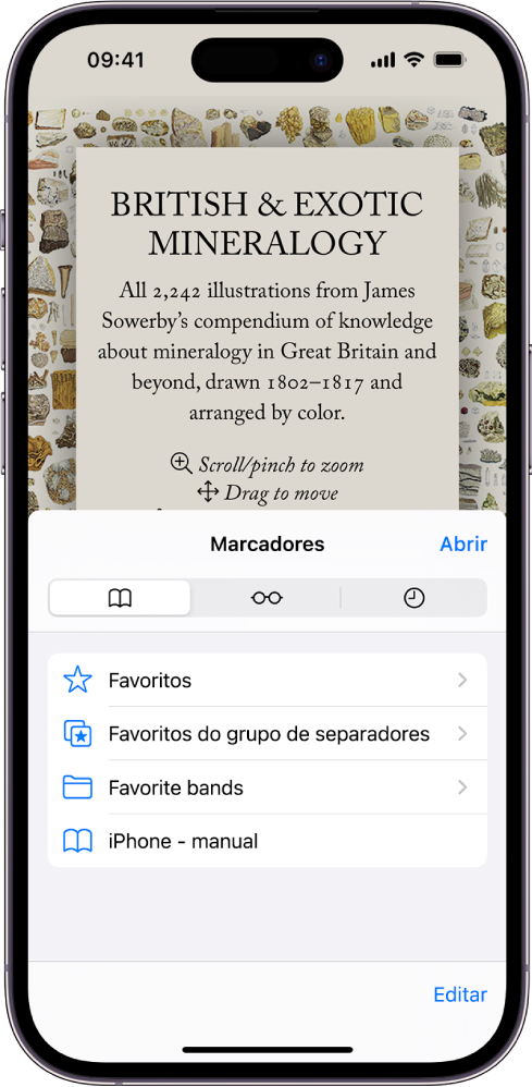 O ecrã dos marcadores, com opções para ver marcadores, a lista de leitura e o histórico de navegação.