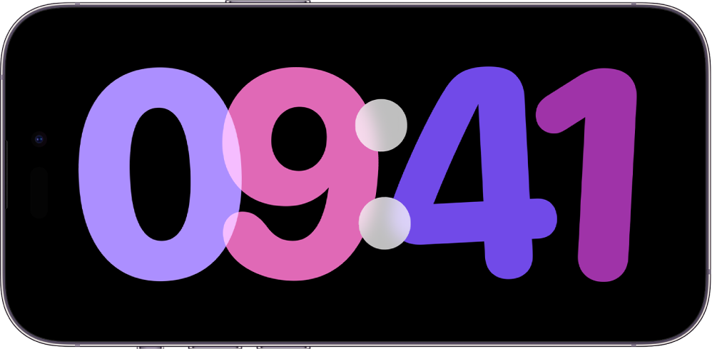 Um iPhone no modo “Em espera”, a carregar e na horizontal, com um relógio digital apresentado no ecrã.
