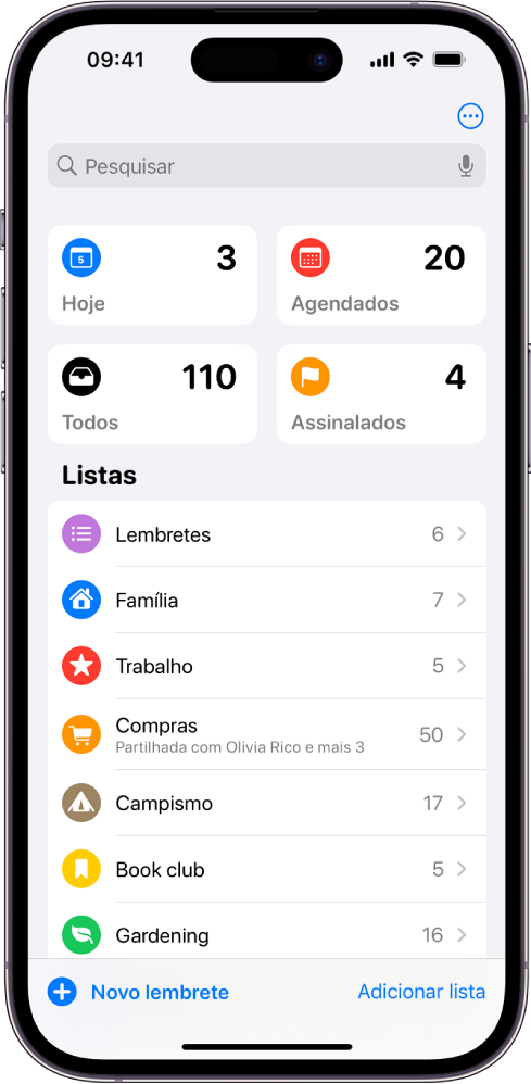Um ecrã mostra várias listas na aplicação Lembretes. O campo de pesquisa aparece na parte superior, acima de Listas inteligentes para elementos para hoje, lembretes agendados, todos os lembretes e lembretes assinalados. O botão Adicionar lista está no canto inferior direito.