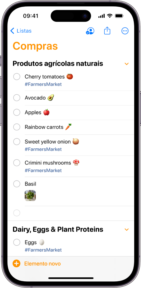 Uma lista de compras na aplicação Lembretes.