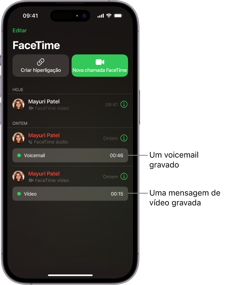 O histórico de chamadas com hiperligações para uma mensagem de vídeo gravada e um voicemail.