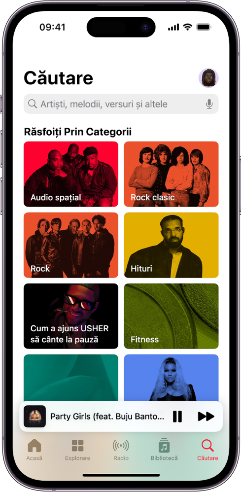 Ecranul Căutare afișând un câmp de căutare în partea de sus. Secțiunea Răsfoiți categoriile de dedesubt afișează opt categorii.