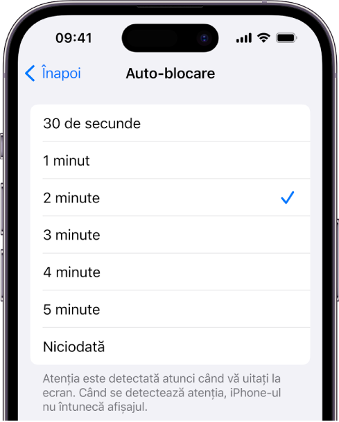 Ecranul Auto-blocare, cu configurări pentru cât timp trebuie să treacă până când iPhone‑ul se blochează automat.