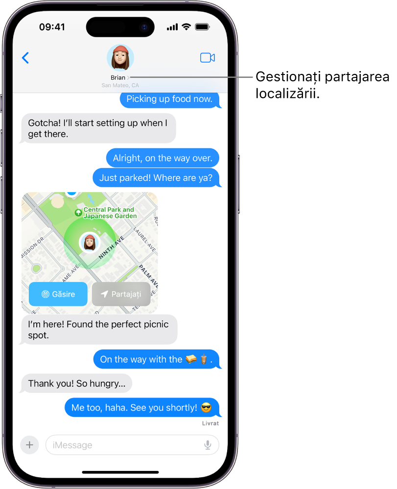 O conversație din Mesaje cu o localizare partajată.
