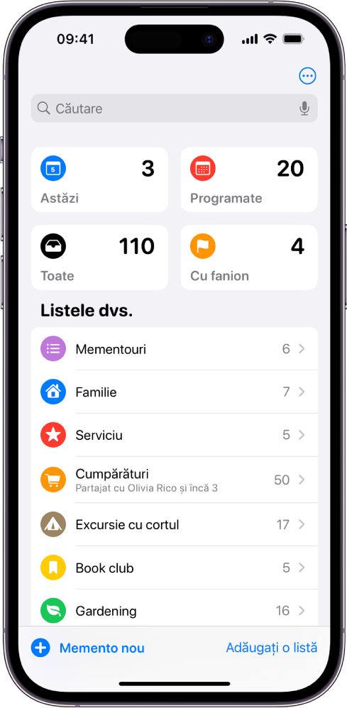 Un ecran prezentând mai multe liste în Mementouri. Câmpul de căutare apare în partea de sus, deasupra listelor inteligente pentru articolele scadente astăzi, mementourile programate, toate mementourile și cele cu fanion. Butonul Adăugați o listă este în dreapta jos.