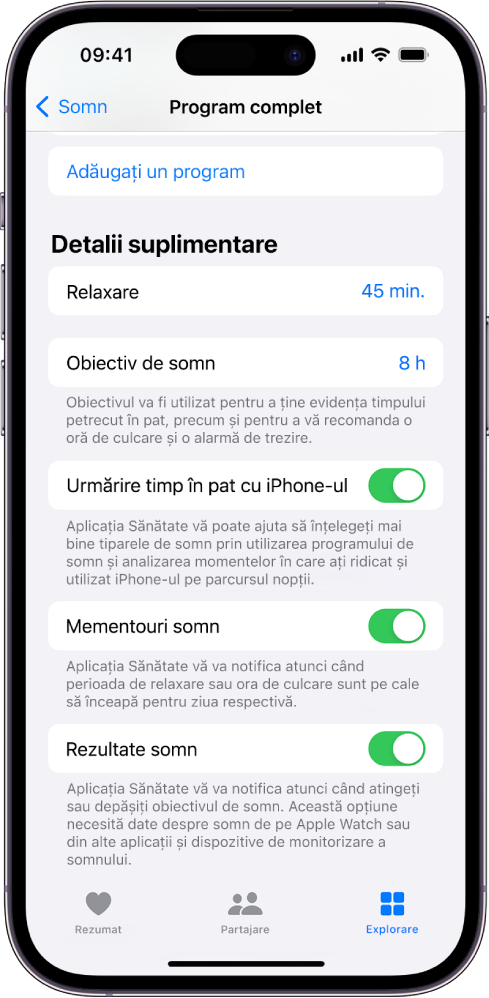 Secțiunea Detalii suplimentare din ecranul Program complet.