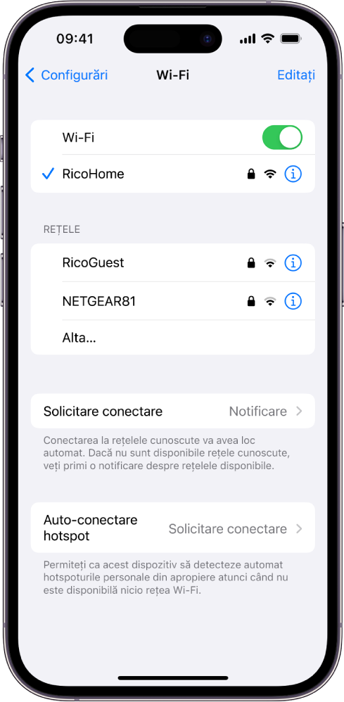 Ecranul de opțiuni Wi-Fi din Configurări. Conexiunea Wi-Fi este activată și este selectată o rețea.