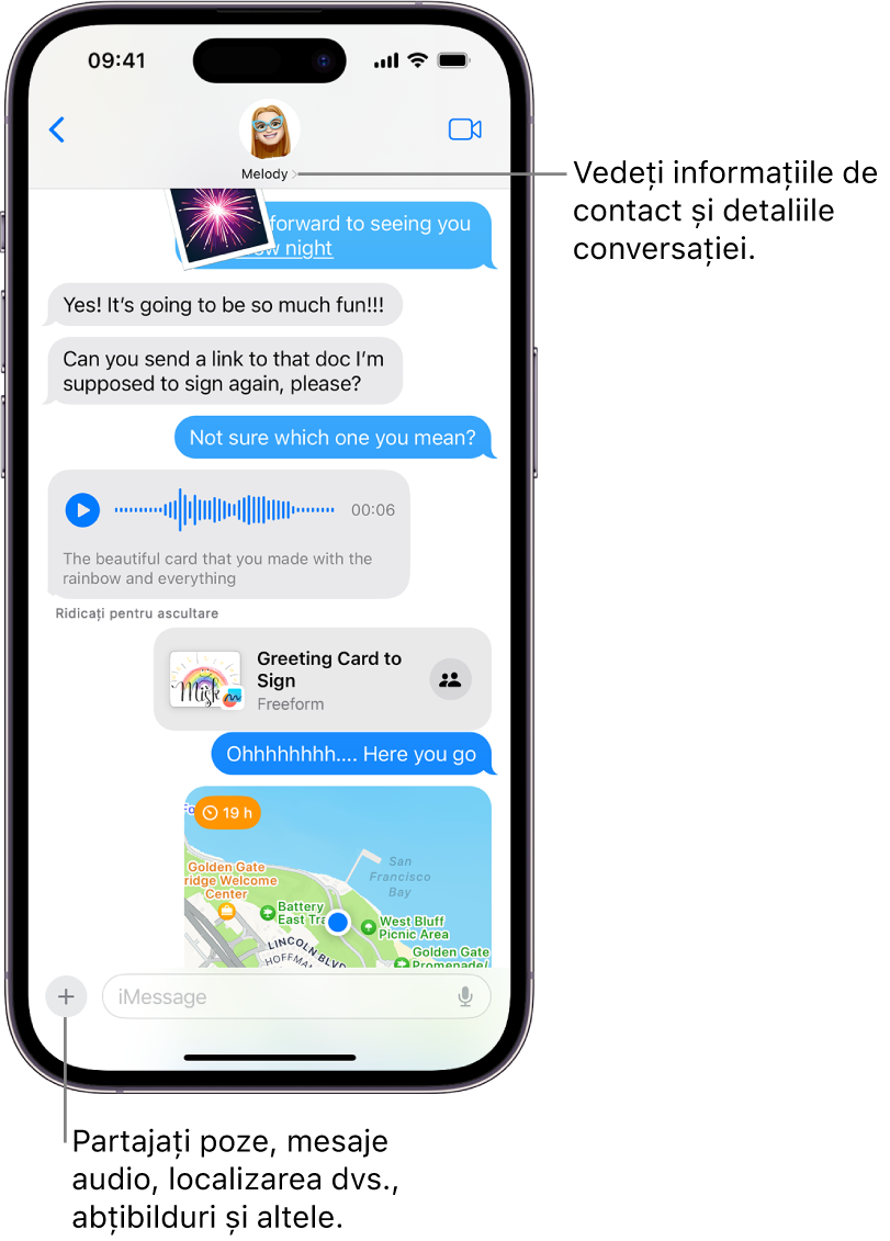 O conversație din Mesaje. Numele persoanei căreia îi trimiteți mesaje se află în partea de sus a ecranului. Puteți apăsa pe numele acesteia pentru a vedea detaliile conversației. Butonul Adăugați se află în colțul din stânga jos.