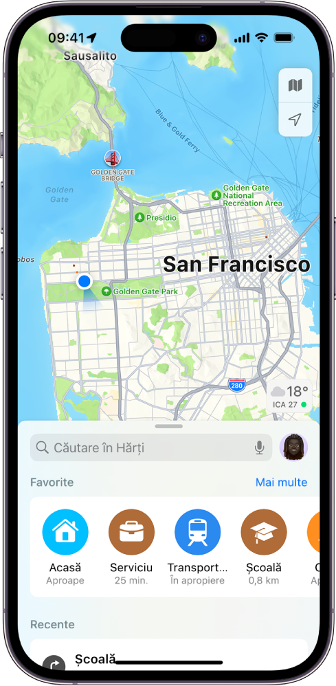 Ecranul Hărți afișând câmpul de căutare în jumătatea de jos a ecranului. Sub câmpul de căutare se află următoarele locuri salvate ca favorite: Acasă, Serviciu, Transport și Școală.