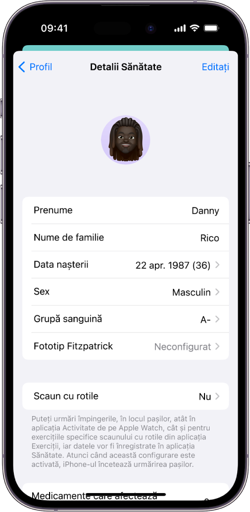 Ecranul Detalii Sănătate, care include câmpuri pentru nume, data nașterii, grupa sanguină și alte informații.