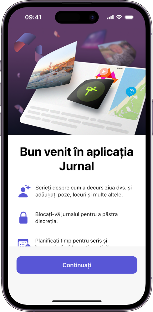 Ecranului de bun‑venit din aplicația Jurnal.