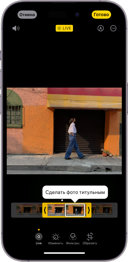 Экран Live Photo со снимком Live Photo в центре. Под фото находится область просмотра кадров и активна кнопка «Сделать фото титульным». По краям области просмотра кадров находятся две стрелки, с помощью которых можно обрезать Live Photo. В нижней части экрана расположены кнопки Live, «Настроить», «Фильтры» и «Обрезать». Выбрана кнопка Live. Кнопка «Отмена» расположена в левом верхнем углу экрана, кнопка «Готово» — в правом верхнем углу. Также в верхней части экрана слева направо расположены кнопки «Выключить звук», Live, «Разметка» и «Плагины».