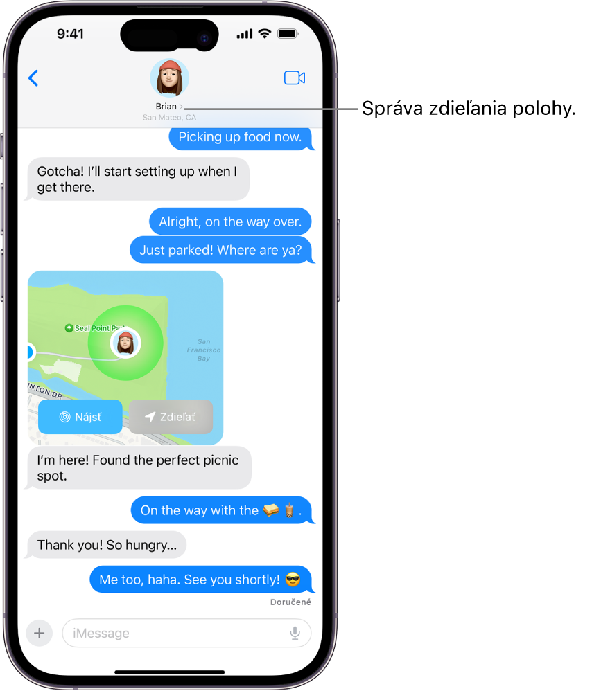 Konverzácia v apke Správy so zdieľaním polohy.