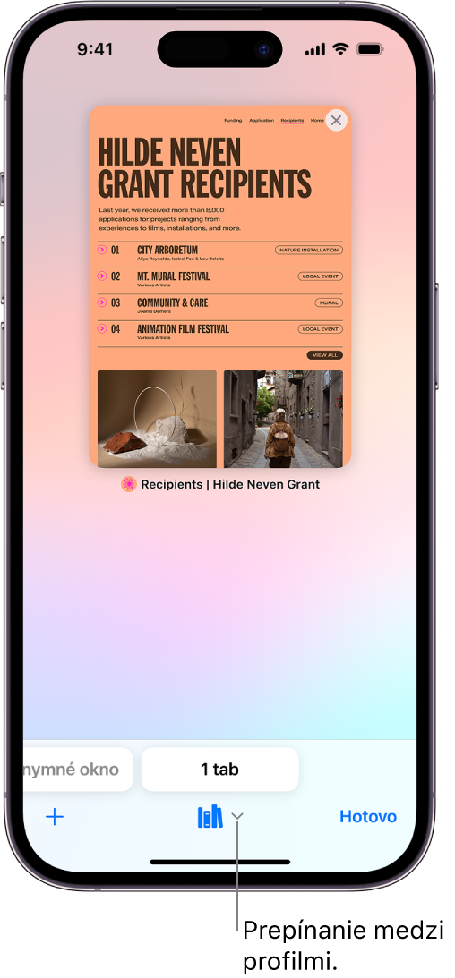 Obrazovka iPhonu s otvoreným tabom v Safari. V dolnej časti obrazovky je ikona profilu Safari. Klepnutím na ikonu možno prepínať medzi profilmi.