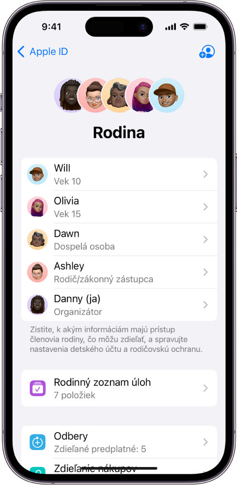 Obrazovka Rodinné zdieľanie v Nastaveniach. Sú uvedení piati členovia rodiny. Pod ich menami sa nachádza rodinný zoznam úloh a ešte nižšie možnosti Odbery a Zdieľanie nákupov.