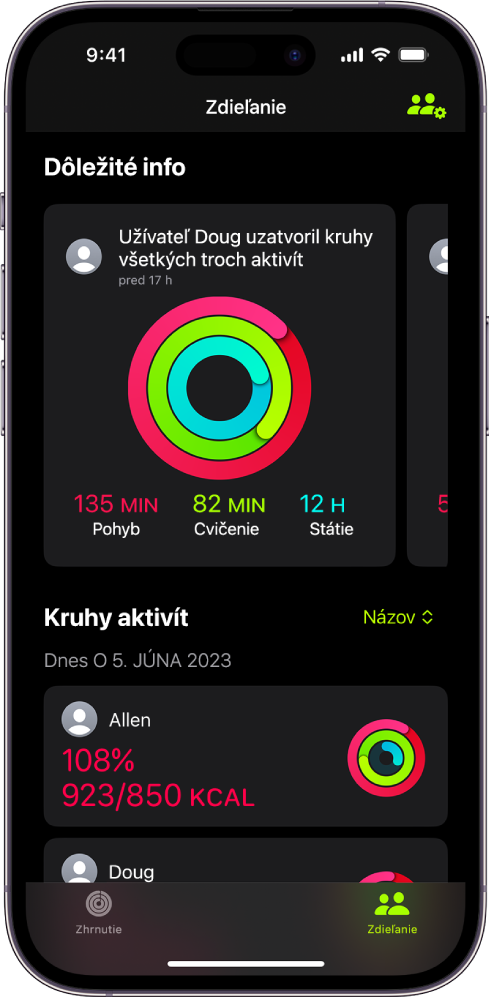 Okno zdieľania v apke Kondícia s kruhmi aktivity a najdôležitejšími aktivitami, ktoré sa zdieľajú medzi užívateľom a jeho priateľmi.