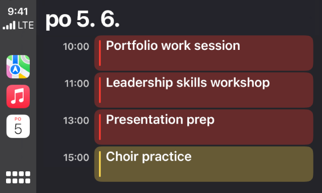 CarPlay zobrazujúci apky Mapy, Hudba a Kalendár na postrannom paneli. Vpravo sú udalosti naplánované na pondelok 5. júna: pracovné stretnutie ohľadom portfólia, workshop o zručnostiach vedúcich pracovníkov, príprava prezentácie a nácvik zboru.