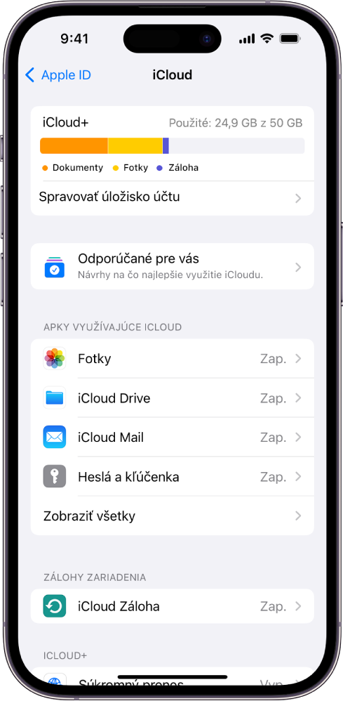 Obrazovka nastavení iCloudu s prehľadom využitia iCloud úložiska a zoznamom apiek a funkcií, ktoré možno používať s iCloudom.