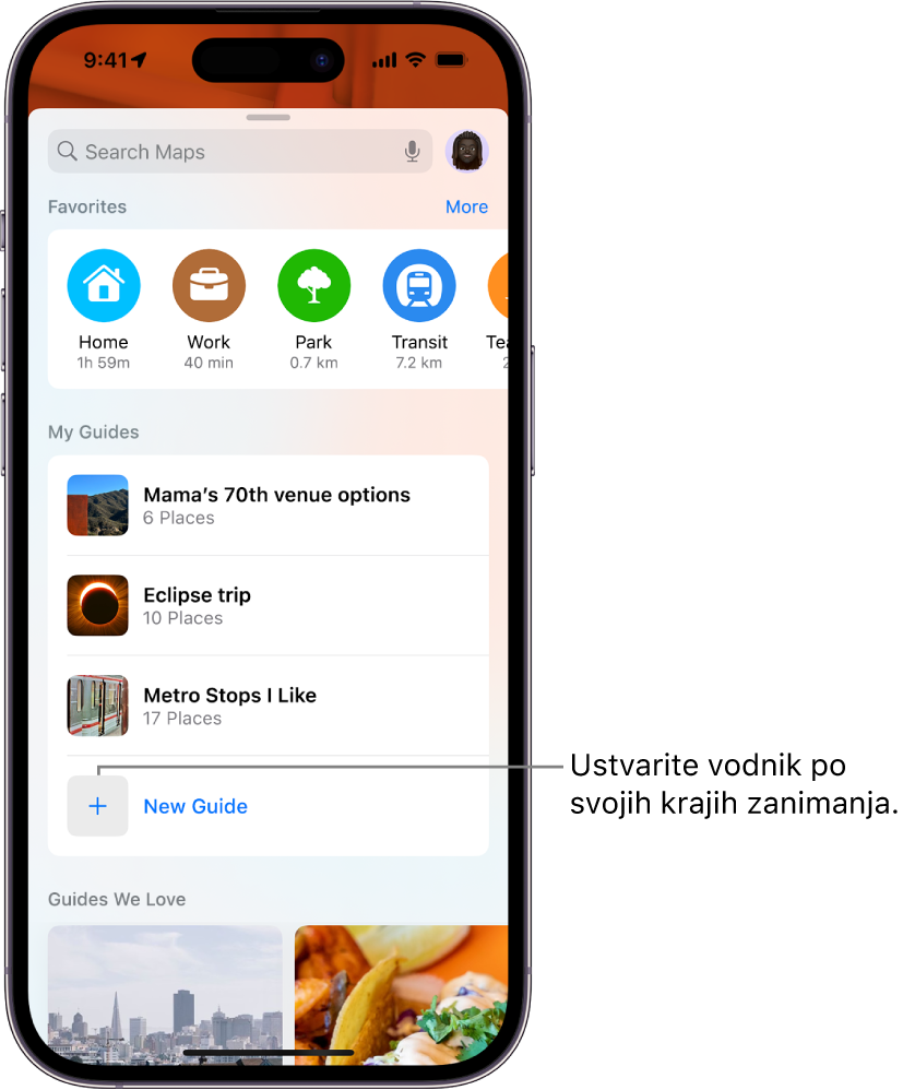 Kartica za iskanje v aplikaciji Maps z več vodiči po meri, ki so navedeni pod My Guides in gumbom New Guide na dnu
