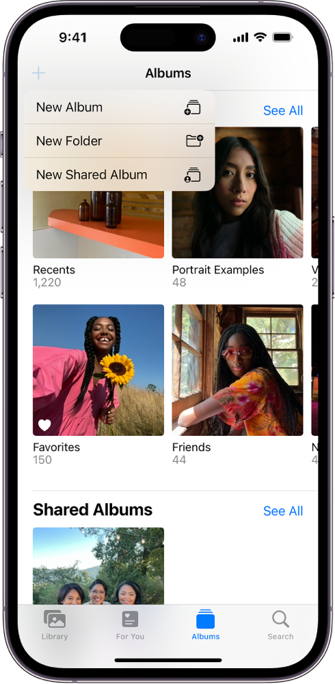 Zaslon Albums. Izbran je gumb New Album v zgornjem levem kotu, ki prikazuje možnosti dodajanja novega albuma, nove mape ali novega deljenega albuma.