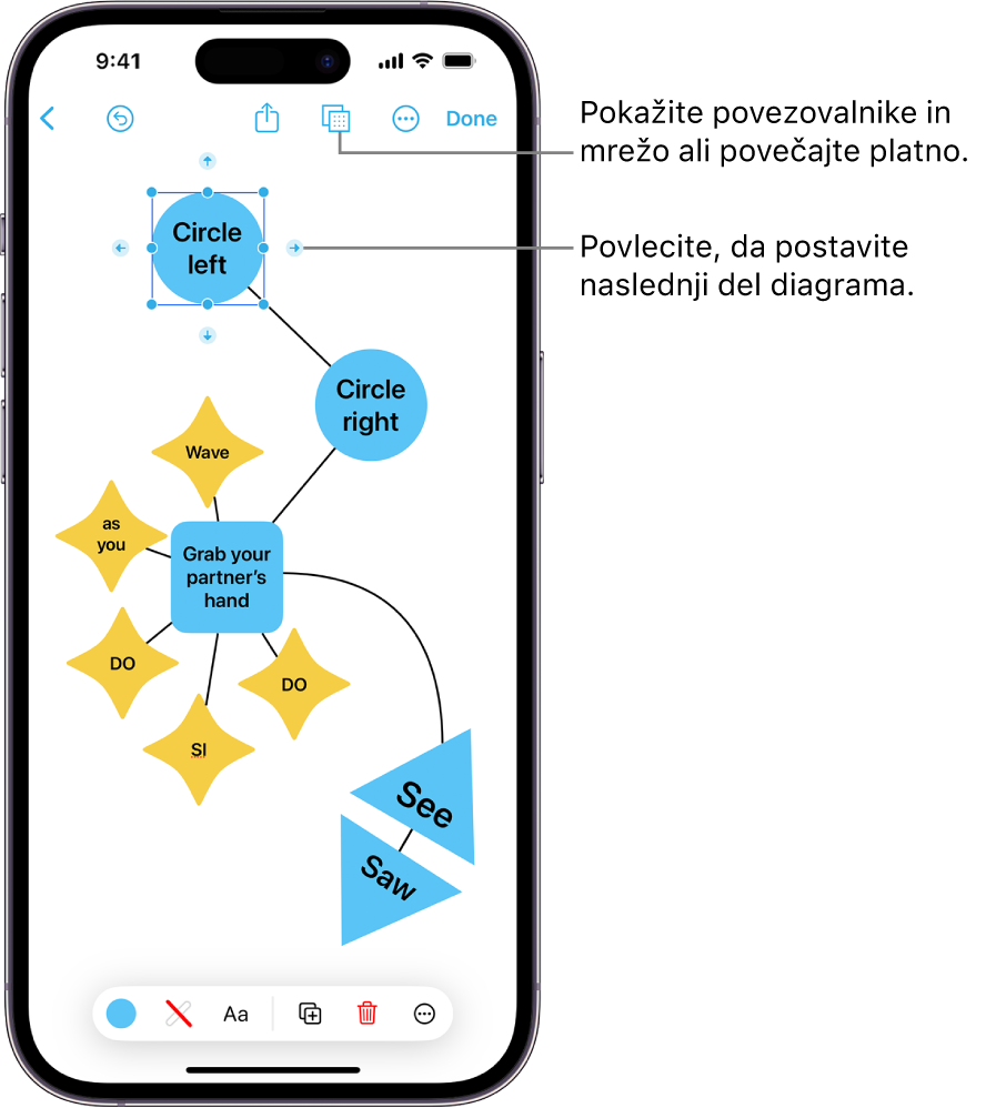 Diagram na plošči Freeform s povezovalniki, prikazanimi na izbrani obliki, in orodji za oblikovanje oblike, vidnimi na dnu zaslona.