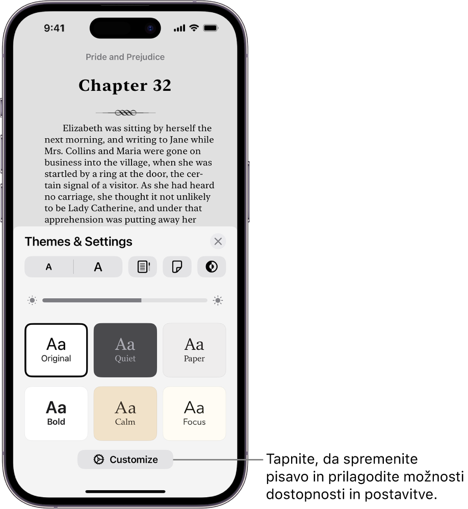 Stran knjige v aplikaciji Books. Možnosti Themes & Settings, ki prikazuje krmilne funkcije za velikost pisave, drsni pogled, slog obračanja strani, svetlost in možnosti sloga.