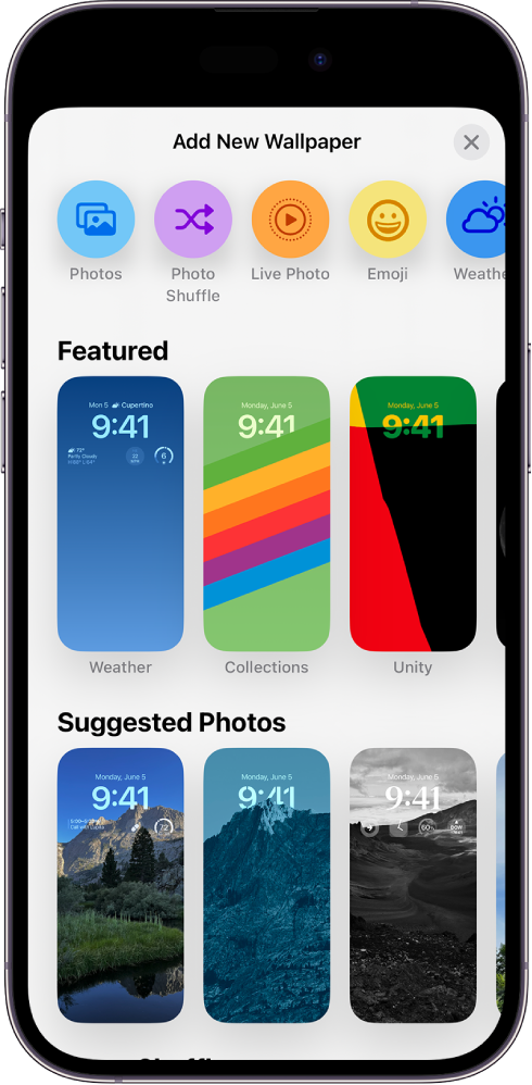 Zaslon Add New Wallpaper, ki prikazuje galerijo izbir ozadij za prilagajanje zaklenjenega zaslona iPhona v kategorijah, kot so Featured in Suggested Photos. Na vrhu so gumbi za dodajanje ozadja zaslona fotografij, oseb, naključno predvajanje fotografij, smeški in vremena na zaklenjeni zaslon.