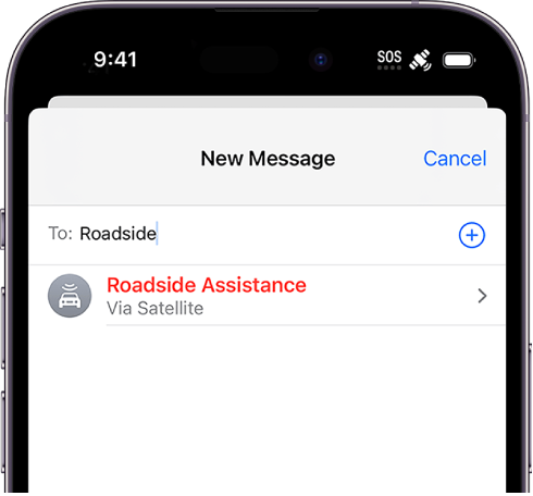 Novo sporočilo, naslovljeno na »roadside«. Spodaj je povezava za pomoč na cesti prek satelita.