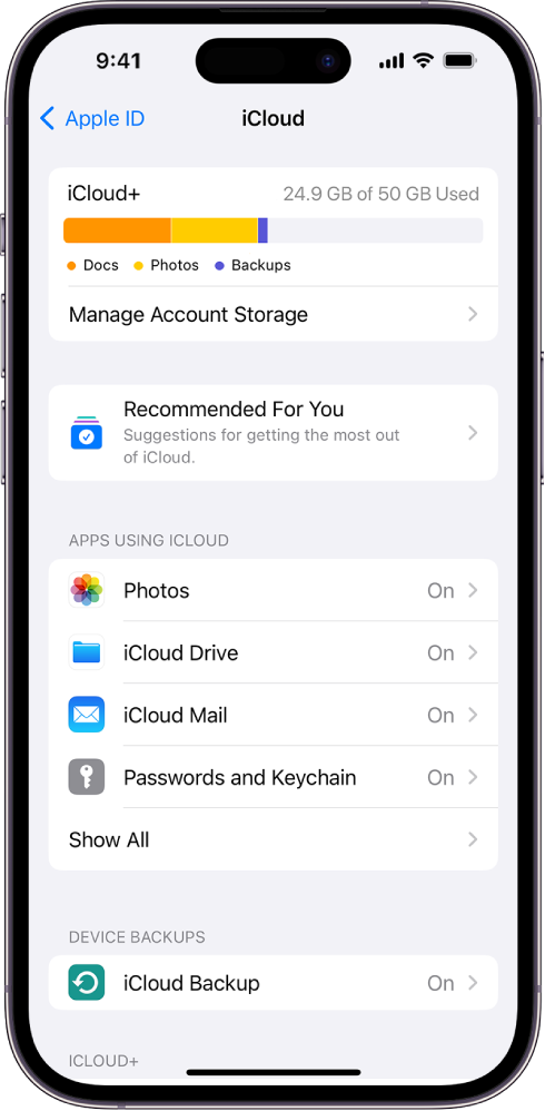 Zaslon z nastavitvami storitve iCloud, na katerem sta prikazana merilnik shrambe iCloud Storage ter seznam funkcij, kot sta Photos, iCloud Drive in iCloud Backup, ki jih lahko uporabljate s storitvijo iCloud.