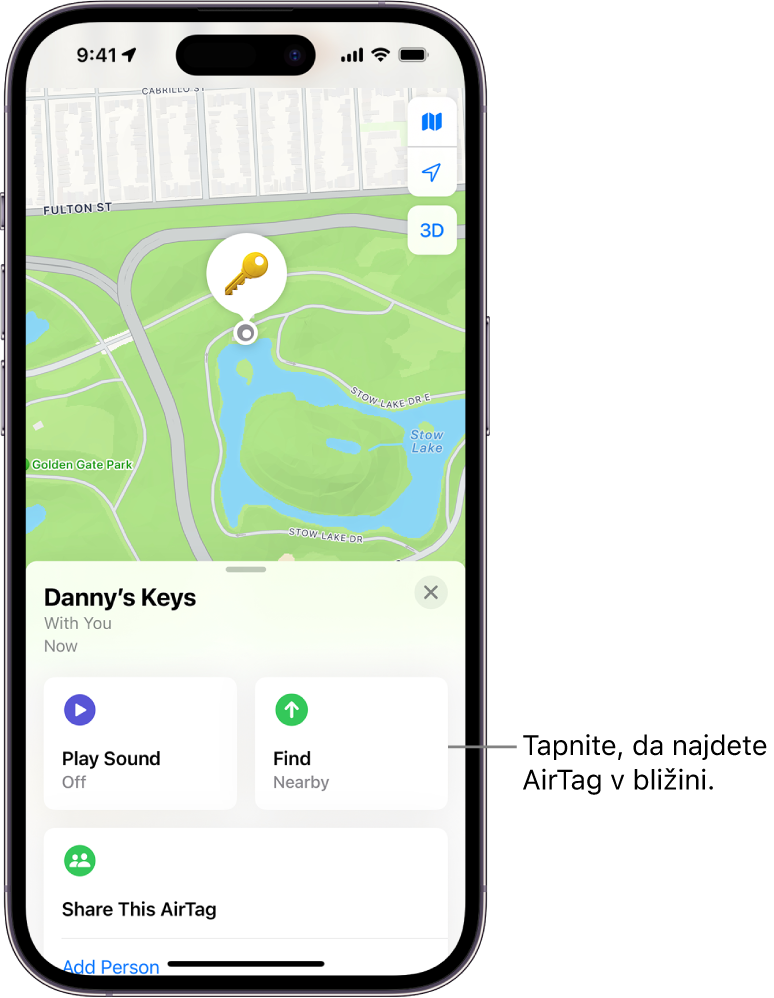Odpre se aplikacija Find My, ki prikazuje Dannyjeve ključe v parku Golden Gate. Tapnite gumb Find, da poiščete bližnji AirTag.