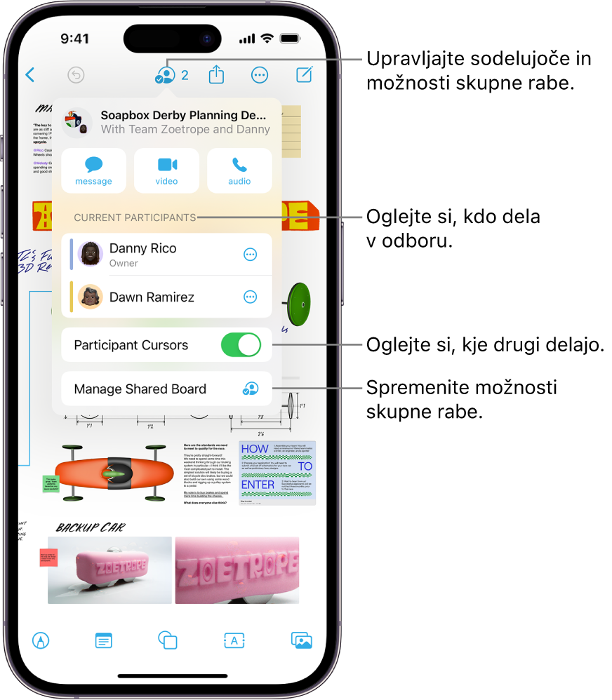 Deljena plošča Freeform na iPhonu z odprtim menijem za sodelovanje.