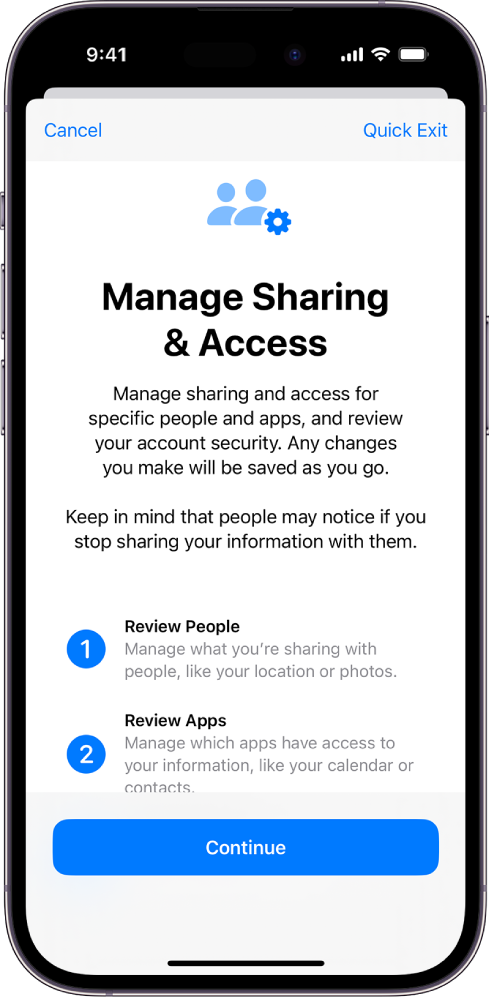 Zaslon Manage Sharing & Access v Safety Check v Settings.