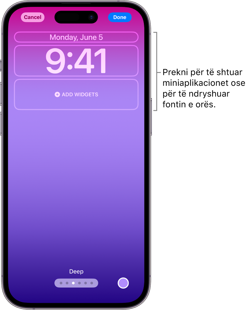 Një ekran i personalizuar Lock Screen në procesin e modifikimit. Janë zgjedhur elementet e disponueshme për personalizimin - data, ora dhe një buton për shtimin e miniaplikacioneve.