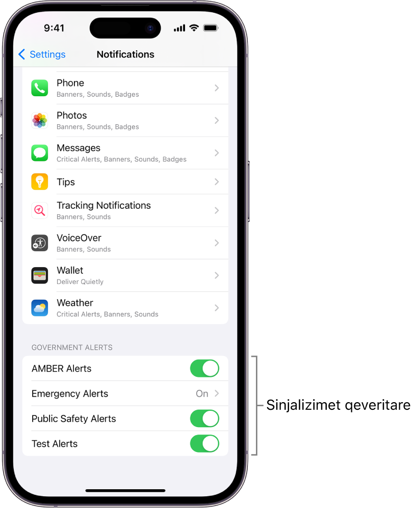 Ekrani Notifications, që tregon Government Alerts që mund t'i aktivizoni për të marrë sinjalizime qeveritare.