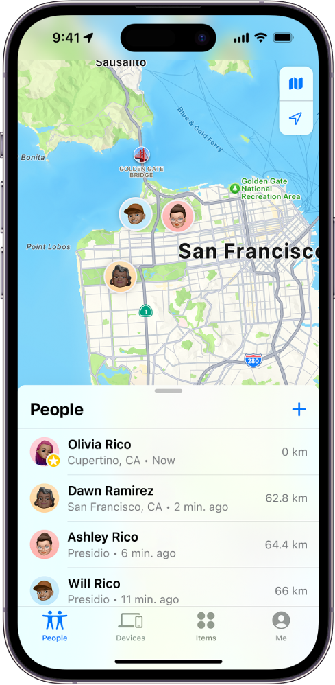 Ekrani Find My që tregon listën People dhe vendndodhjet e tyre në një hartë.