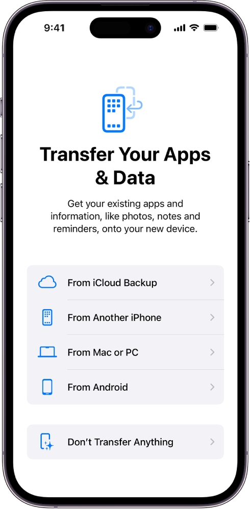 Ekrani i konfigurimit, me opsione për të transferuar aplikacionet dhe të dhënat tuaja nga një kopje rezervë në iCloud, një iPhone, Mac, PC ose një pajisje tjetër Android, ose për të mos transferuar asgjë.