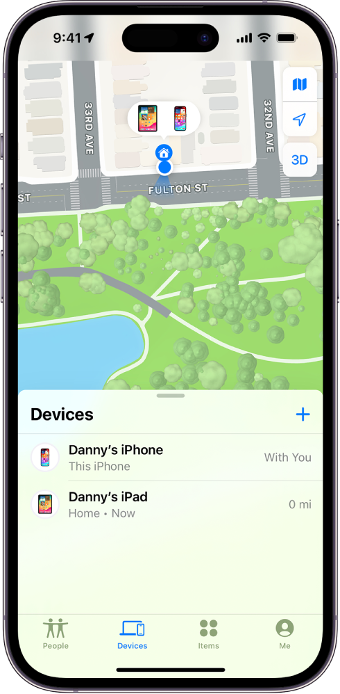 Екран Find My на ком су приказана два уређаја код куће.