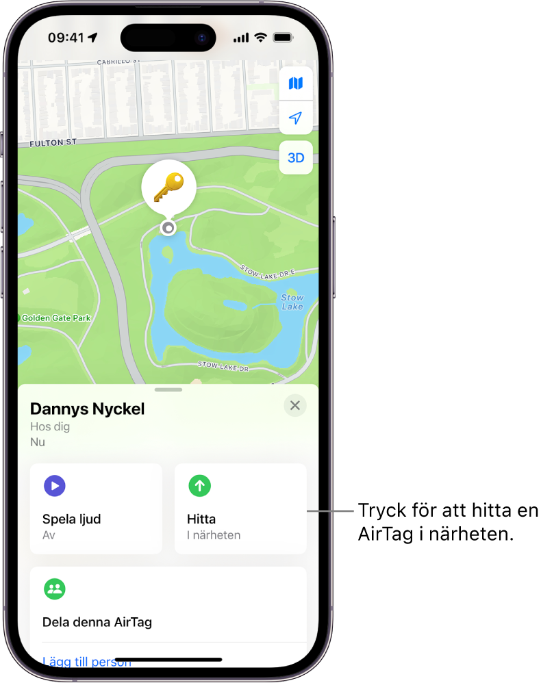 Appen Hitta öppnas och visar Dannys nycklar i Golden Gate Park. Hitta en AirTag i närheten genom att trycka på Hitta-knappen.