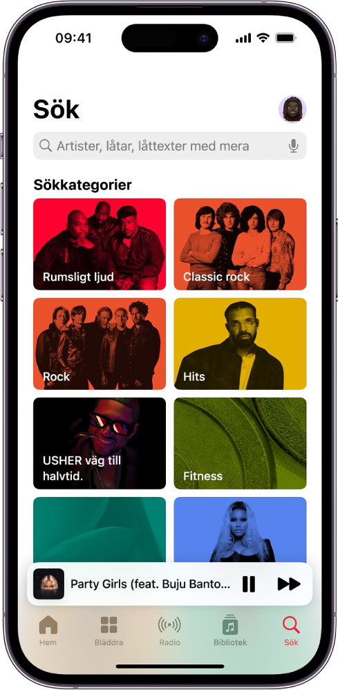 Sökskärmen med sökfältet överst. Under det finns avsnittet Bläddra bland kategorier med åtta kategorier.