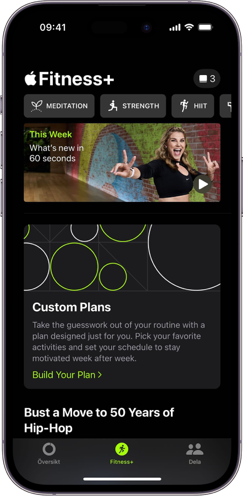 Apple Fitness+-skärmen med olika typer av träningspass och ett område där du kan sätta ihop en anpassad plan.